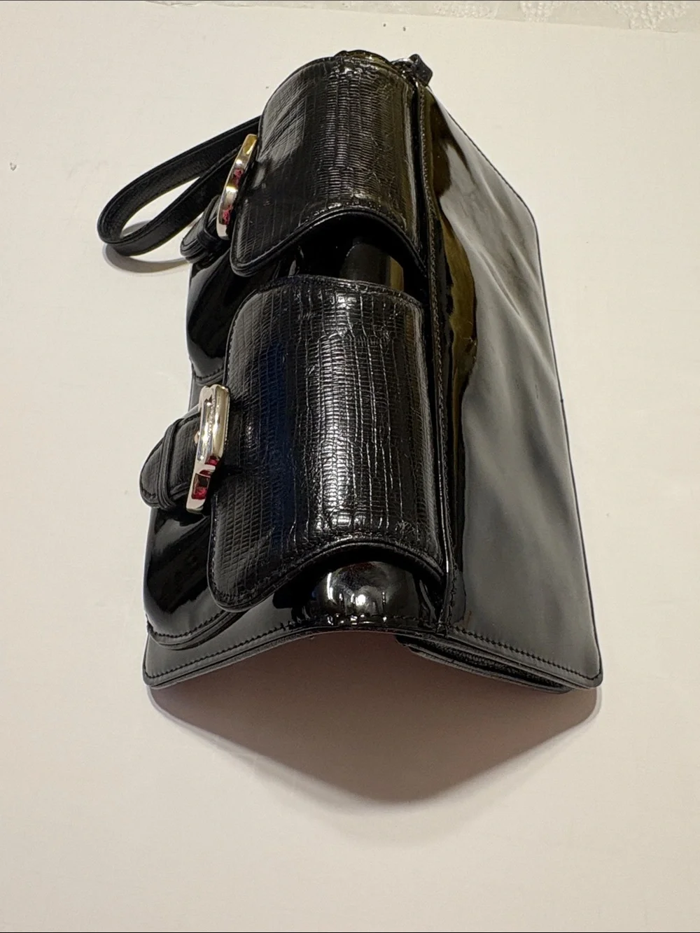 Cole Haan Black Patent Double-Pocket Wristlet Clutch